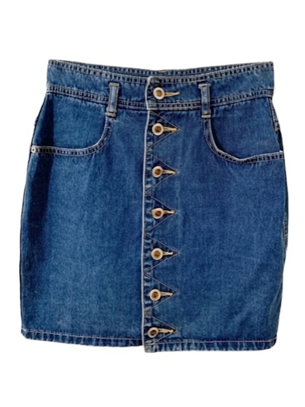 Ally Garment Huo Ban Button Front Medium Wash Mini Denim Jean Skirt Pockets 🟦